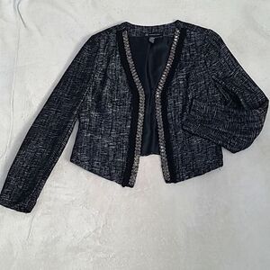 INC Women's Medium Tweed Cropped Blazer Black White Business Casual Pockets